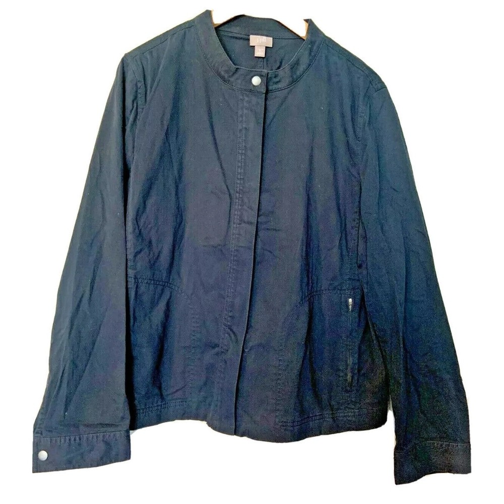 J. Jill Womens Navy Blue Stretch Cotton Mandarin Collar‎ Snap Front Jacket XL
